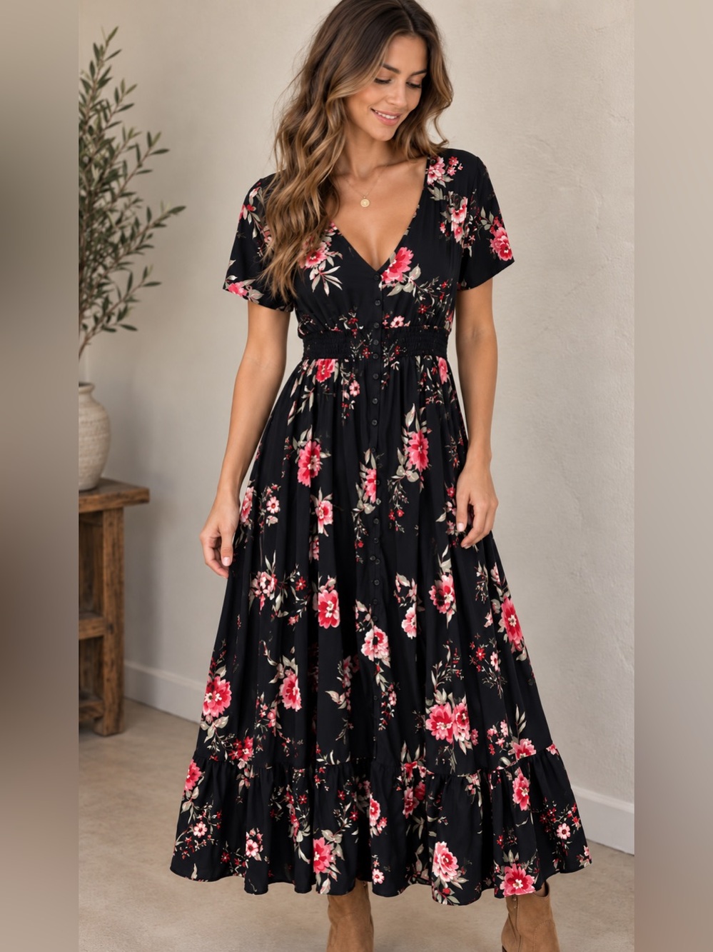 Ruffled Black Maxi Dress with Pink Floral Print